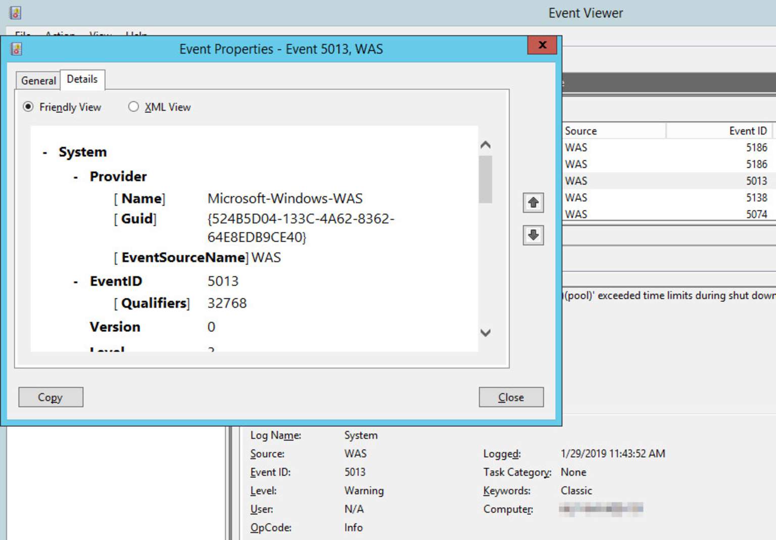 Examen del registro de eventos de Windows para IIS
